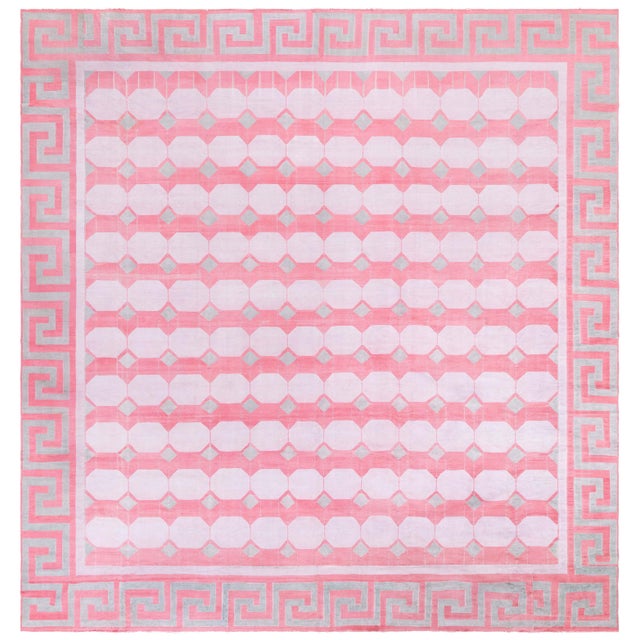 Doris Leslie Blau Mid-Century Indian Dhurrie Pink Flatweave Cotton Rug Greek Key For Sale