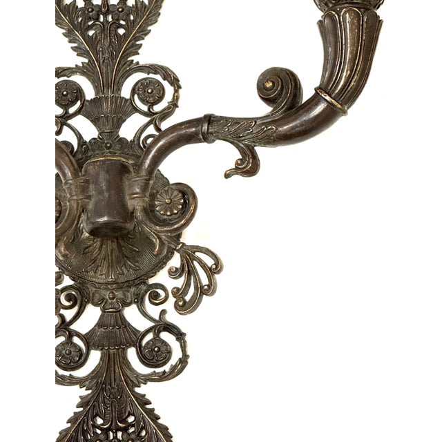 Neoclassical Large Pair of French Patinated Bronze Neoclassical Sconces, Mid 20th Century For Sale - Image 3 of 18