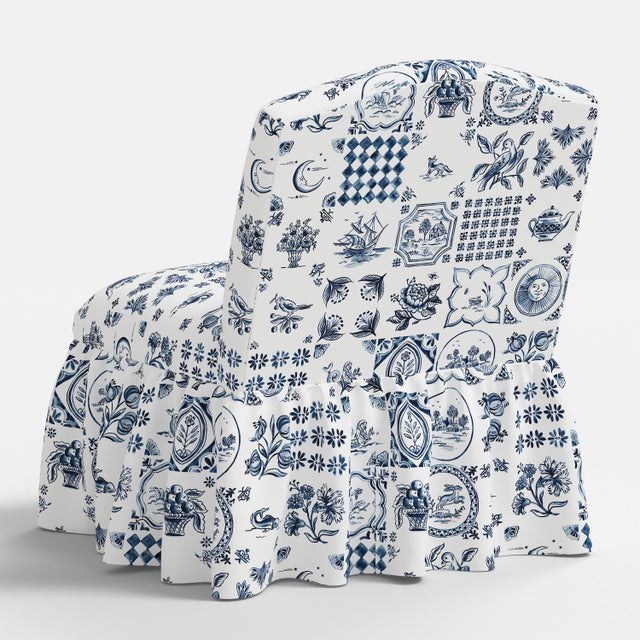 Ashburn Ruffle Slipper Chair in Delft Print For Sale In Chicago - Image 6 of 7