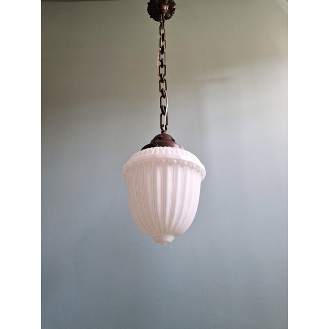 1930s Art Deco Pendant Light in Molded & Pressed White Opaline Glass, 1930s For Sale - Image 5 of 13