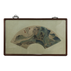 Vintage Chinese Fan Painting Blue-Green Mountain Landscape Framed Ink and Color on Paper With Calligraphy