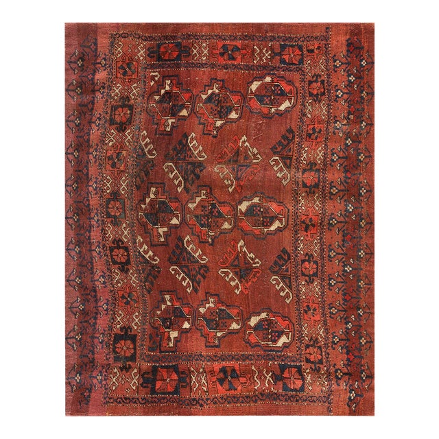 1890s Red Geometric Tribal Antique Ersari Beshir Russia Rug 2'10" X 4'5" Handknotted Wool Carpet For Sale