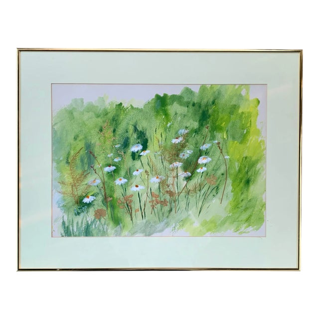 1981 J. Cupp Wildflower Watercolor Collage With Pressed Flowers- in Brass Frame For Sale
