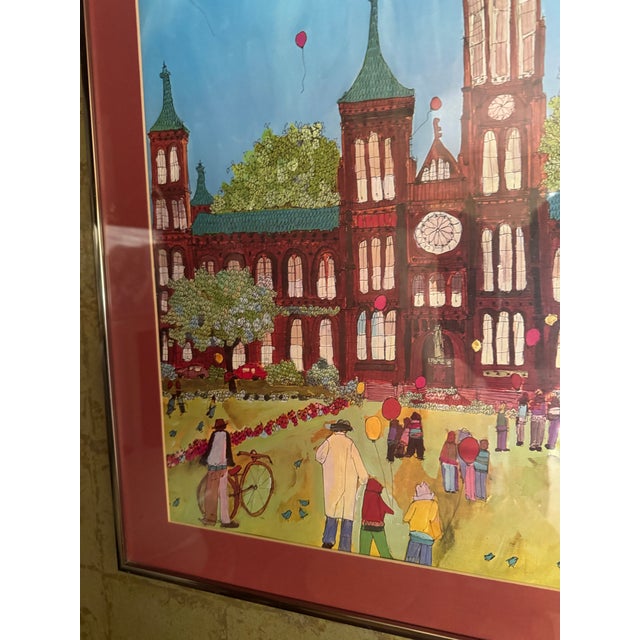 Figurative Large Framed Colorful Illustrated Artwork of Smithsonian by Susan Pear Meisel, 1970s For Sale - Image 3 of 12