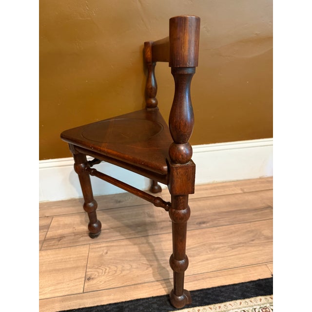 Antique Patented Sliding Seat Mahogany Triangular Corner Chair With Turned Legs and Brass Castor For Sale - Image 4 of 15