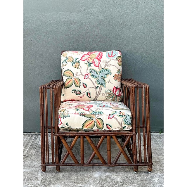 Vintage Stick Rattan Lounge Chair in Vintage Schumacher Paisley For Sale - Image 11 of 12