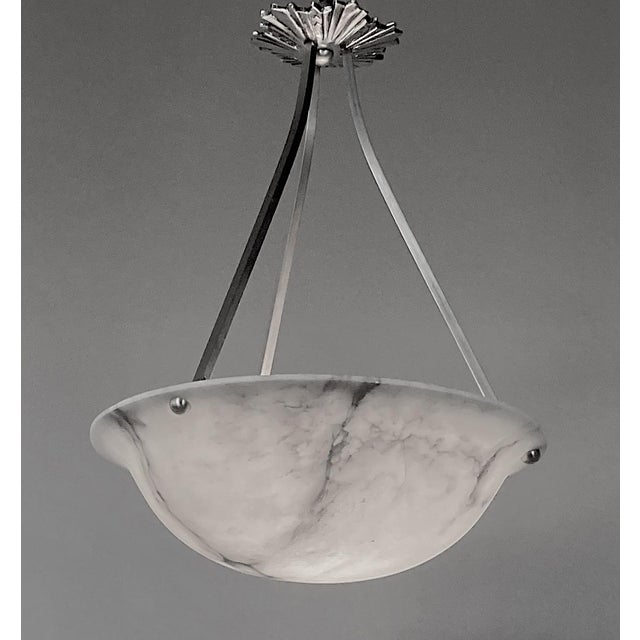 1920s French Alabaster Pendant in Black and White, Flared Edge, Nickel Hardware For Sale - Image 4 of 7