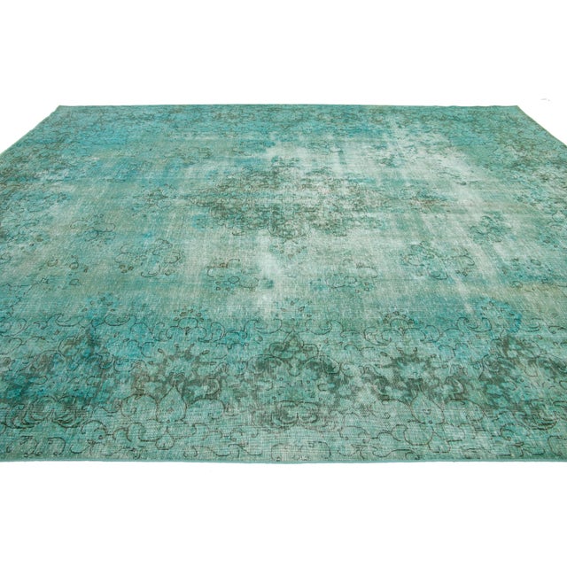 1930s Room Size Antique Overdyed Persian Wool Rug With Medallion Design in Light Green For Sale - Image 5 of 10