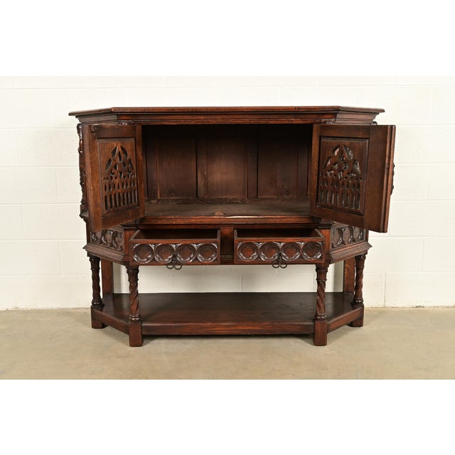 Late 19th Century Antique French Gothic Revival Oak Bar Cabinet With Carved Figures, Circa 1890s For Sale - Image 5 of 15