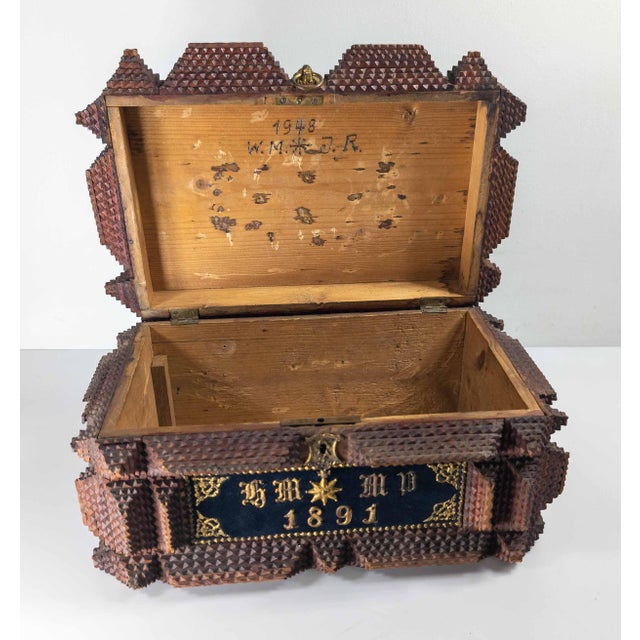 19th Century American Folk Art Tramp Art Casket Box With 1891 Date For Sale - Image 10 of 13