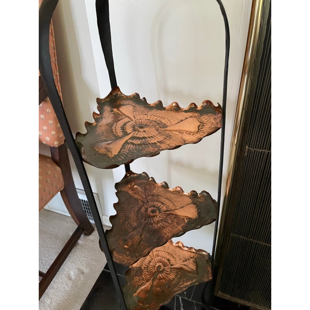 Copper Vintage Midcentury Arts & Crafts Style Wrought Iron & Copper 3-Tier Stand For Sale - Image 8 of 10