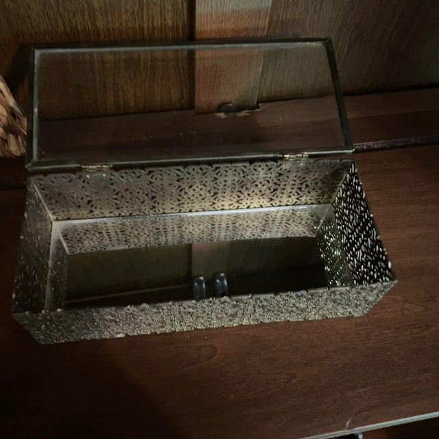 1980s Reticulated Brass Jewelry Box With Mirror and Beveled Glass Accents For Sale - Image 9 of 10