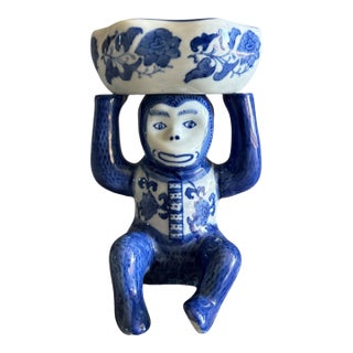 Vintage Blue & White Porcelain “Bar Monkey” Chinoiserie Bowl, 7.75” Tall For Sale