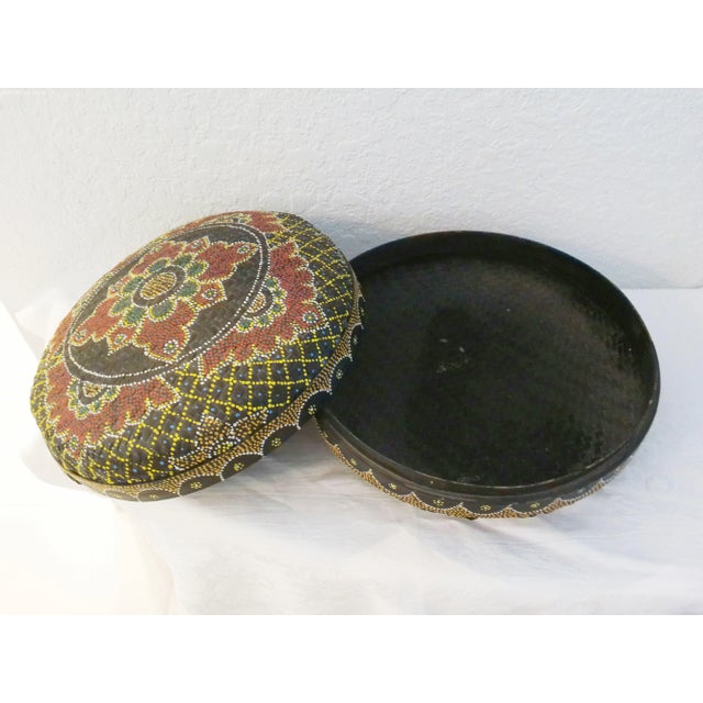 Wood Vintage Hand-Painted Dot Art Boho Lidded Rattan Basket For Sale - Image 7 of 7