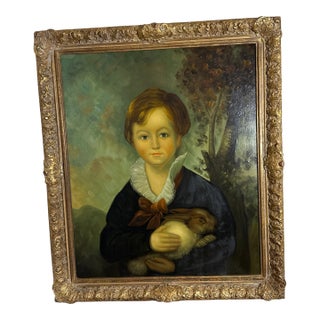Vintage Oil on Canvas After English Painting of Boy With Rabbit For Sale