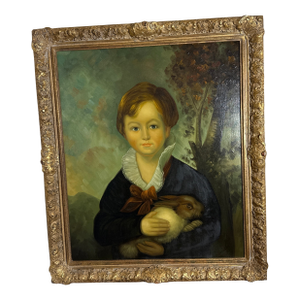 Vintage Oil on Canvas After English Painting of Boy With Rabbit