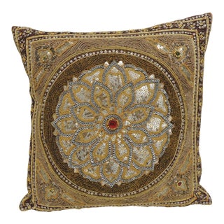 Gold Square Beaded Indian Decorative Pillow For Sale