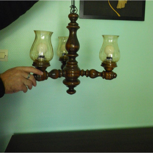 Metal Three-Light Pendant Lamp in Varnished Turned Wood with Amber Tulip-Shaped Glass Shades, France, 1970s For Sale - Image 7 of 18