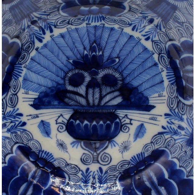 Circa 1780 Delft peacock feather spray in urn blue & white plate, Dutch. Deep blues typical of this loved motif of the...