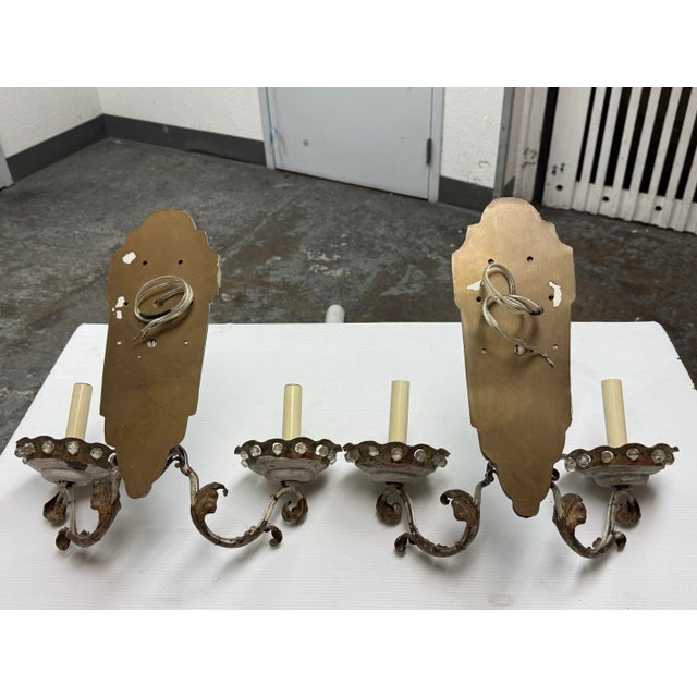1920s Antique Early 20th Century Etched Mirror Dual Arm Wall Sconces, Pair For Sale - Image 5 of 12