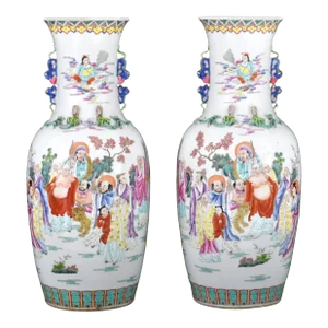 Monumental Antique Chinese Qing Dynasty Famille Rose Porcelain Vases - A Pair