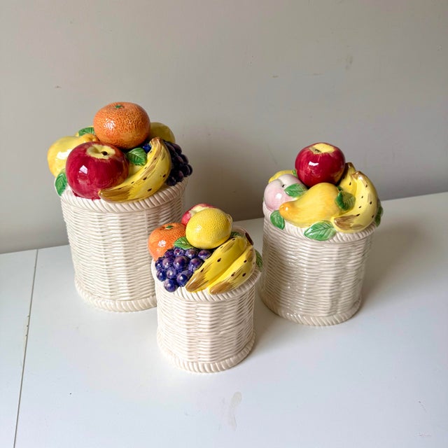 Hollywood Regency Wicker and Fruit Motif Canisters: Set of 3 For Sale - Image 3 of 12