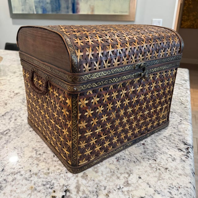 Vintage lidded storage chest from the iconic Bombay Company (Item #2024356). This statement piece features a gorgeous...