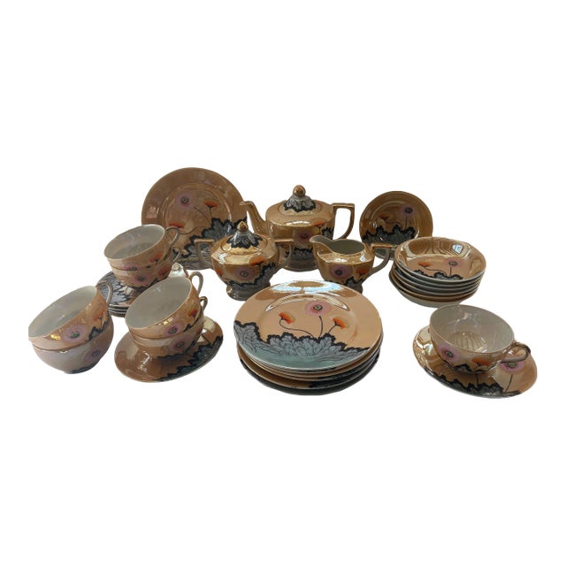 1920s Japanese Peach Lusterware Floral Tea Set – 30 Pieces For Sale