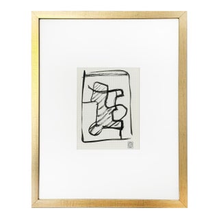 Mid Century Abstract Painting in Black and White on Paper From France in Gold Frame, Signed Maurice Parant For Sale