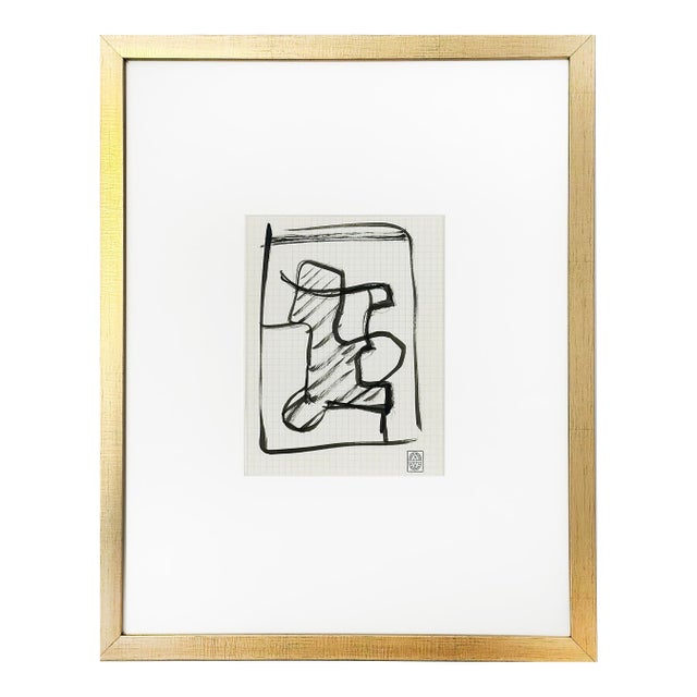 Mid Century Abstract Painting in Black and White on Paper From France in Gold Frame, Signed Maurice Parant For Sale