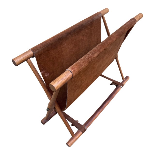 Mid-Century Danish Teak Magazine Rack With Suede Sling, Folding X-Base, Scandinavian Modern, 1960s For Sale