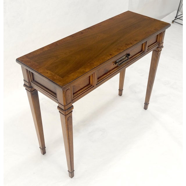 John Widdicomb Very Fine Burl Wood Compact One Drawer Tapered Legs 36" Wide Console Table MINT For Sale - Image 4 of 17