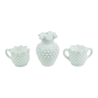 Early 20th Century Mid Century Modern Fenton White Milk Glass Hobnail Ruffled Bud Vase Star-Rimmed Sugar Bowl & Creamer - 3 Pieces Set For Sale