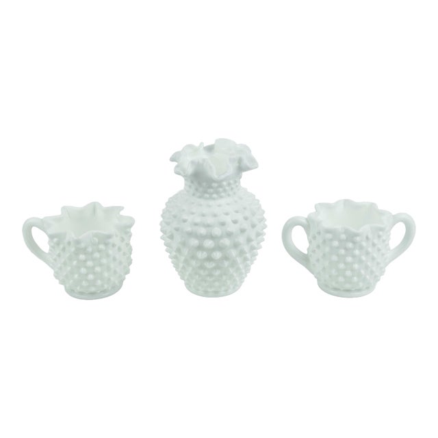 Early 20th Century Mid Century Modern Fenton White Milk Glass Hobnail Ruffled Bud Vase Star-Rimmed Sugar Bowl & Creamer - 3 Pieces Set For Sale
