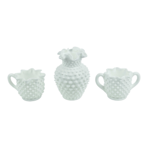 Early 20th Century Mid Century Modern Fenton White Milk Glass Hobnail Ruffled Bud Vase Star-Rimmed Sugar Bowl & Creamer - 3 Pieces Set