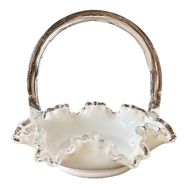 Vintage Fenton Milk Glass Basket – White Ruffled Edge With Clear Glass Trim & Handle – 8” X 7.5” For Sale