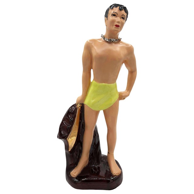 1950s Mid 20th Century Hand Painted Hawaiian Hula Girl & Male Surfer Ceramic Statue Set For Sale - Image 5 of 9