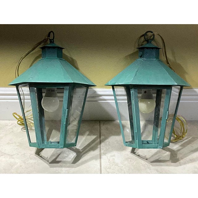 Metal Hand-Crafted Vintage Solid Brass Hexagonal Hanging Lanterns, Usa For Sale - Image 7 of 16
