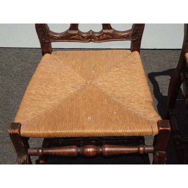 Brown Pair of Antique French Provincial Style Ornate Carved Rush Seat Side Chairs For Sale - Image 8 of 17