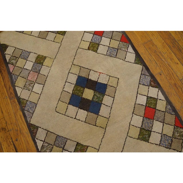 1930s Fantastic Tan Beige Color and Interesting Rhombus Shapes Patters Antique American Hooked Rug, For Sale - Image 5 of 8