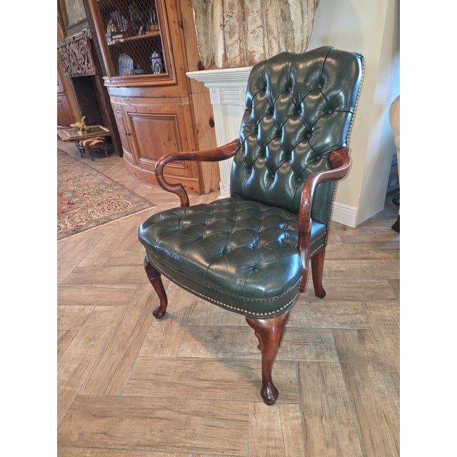Vintage Fully Tufted Green Leather Gooseneck Chair For Sale - Image 4 of 9