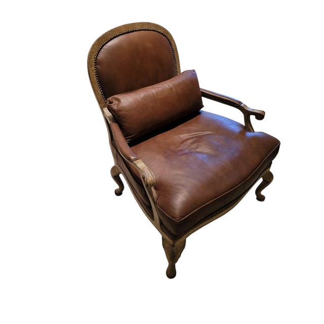 1990s French Louis XV Revival Leather Fauteuil Lounge Chair With Pierced Fretwork Back For Sale - Image 5 of 14