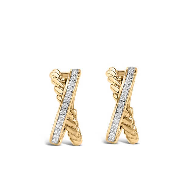 Contemporary 14K Yellow Gold Plated Sterling Silver 1/5 Cttw Diamond Twisted Design Hoop Earrings For Sale - Image 3 of 4