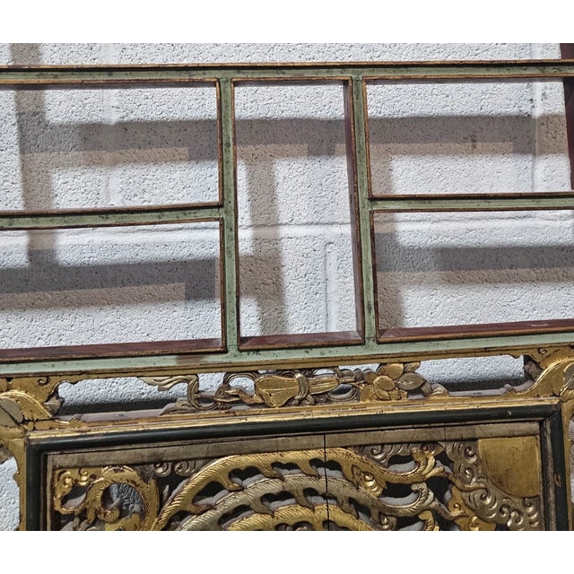 Late 19th Century Antique Hand Carved Gilt Chinese Figural Red Lacquered Wood Panel Green Accents For Sale - Image 12 of 12