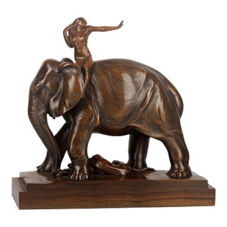 Early 20th Century African Elephant, Tiger and Woman Rider Varnished Wood Sculpture Signed by J. Zanetti For Sale