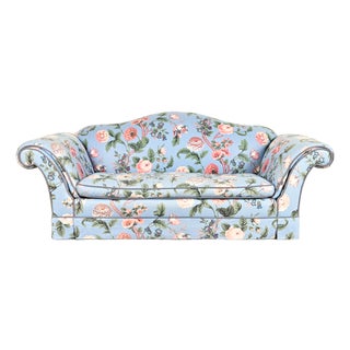 Baker Furniture English Traditional Floral Upholstered Roll Arm Camelback Sofa For Sale