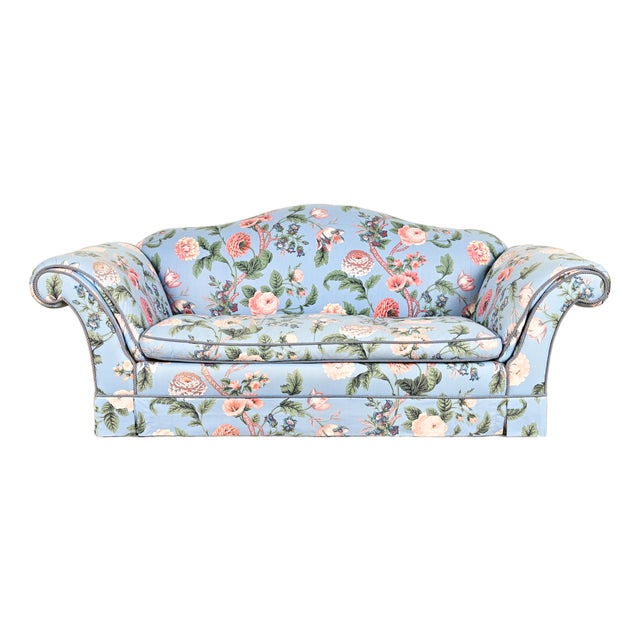 Baker Furniture English Traditional Floral Upholstered Roll Arm Camelback Sofa For Sale