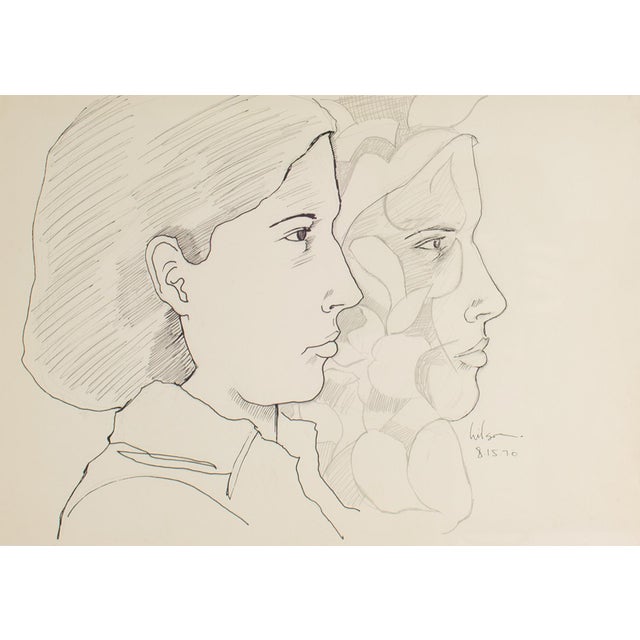 A 1970 drawing by the American artist Harry Hilson (1935-2004). This ink and graphite work depicts a woman in profile with...