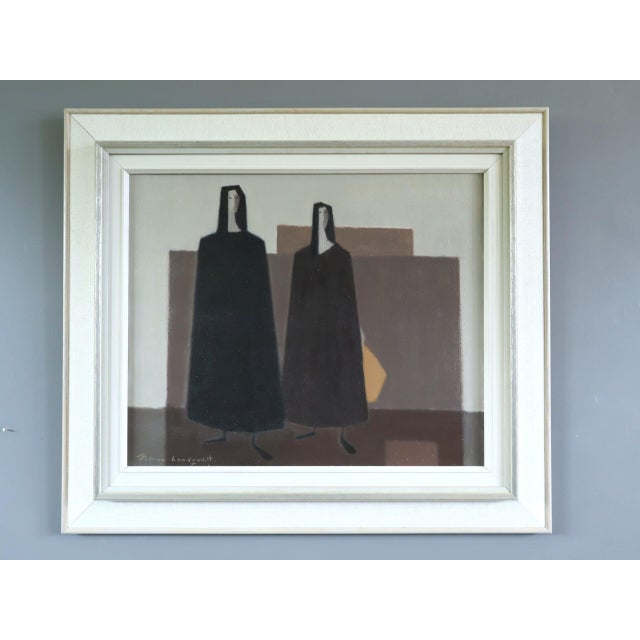 SILENT COMPANIONS Size: 21.7 x 24.8 inches (including frame) Oil on canvas A quiet arresting mid-century modernist...