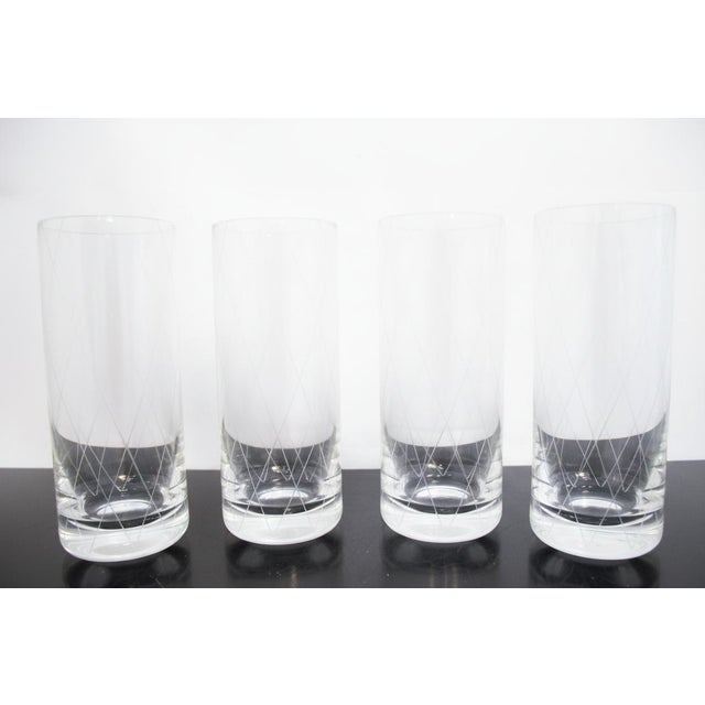 Tiffany & Co. set of 4 thin-walled crystal water glasses with a mid-century modern style acid-etched criss-cross or...